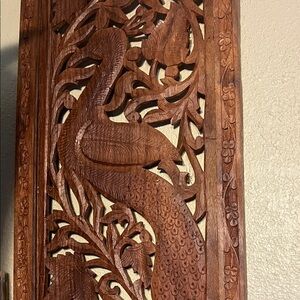 Pair of Teak Carved Wood Peacock Wall Hangings
